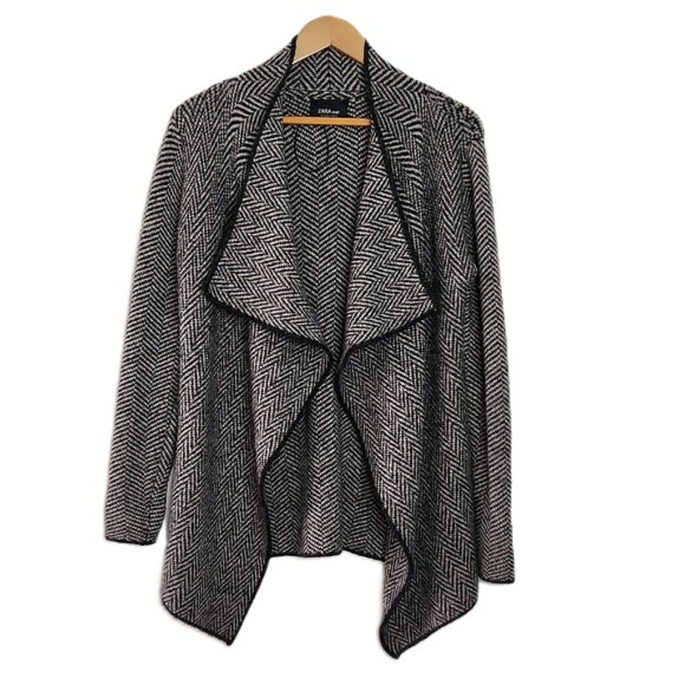 Zara Knit Black Gray Herringbone Cardigan Sweater size S Drapey Asymmetrical